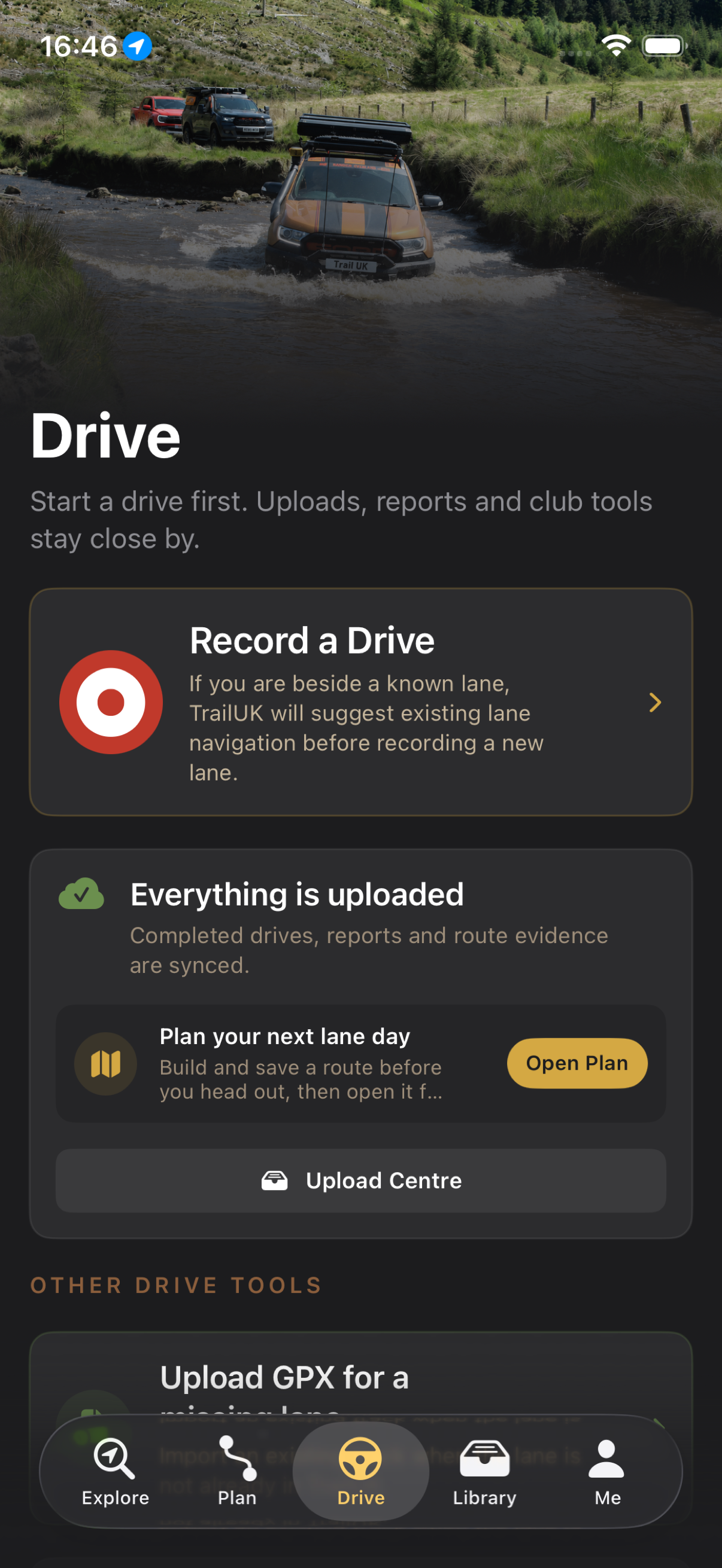TrailUK Drive screen with recording, upload status and route planning tools