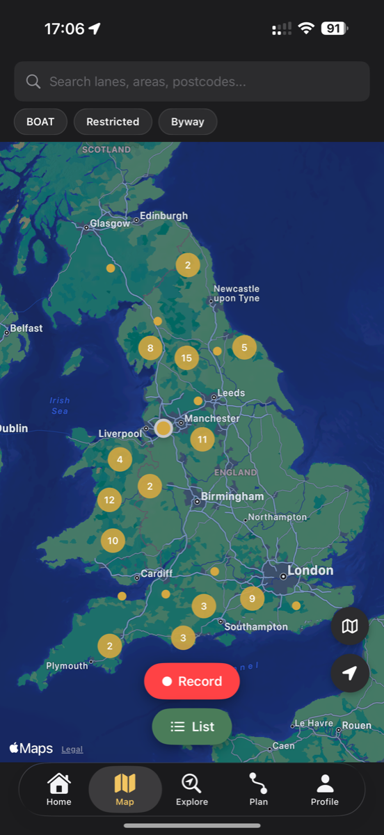 TrailUK screenshot of the Map screen