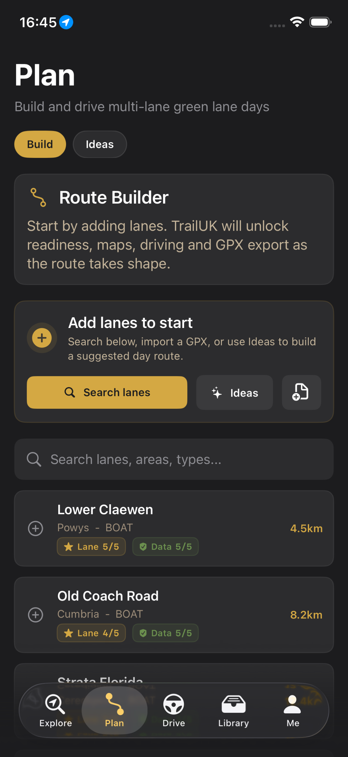 TrailUK Plan screen prompting the driver to add lanes
