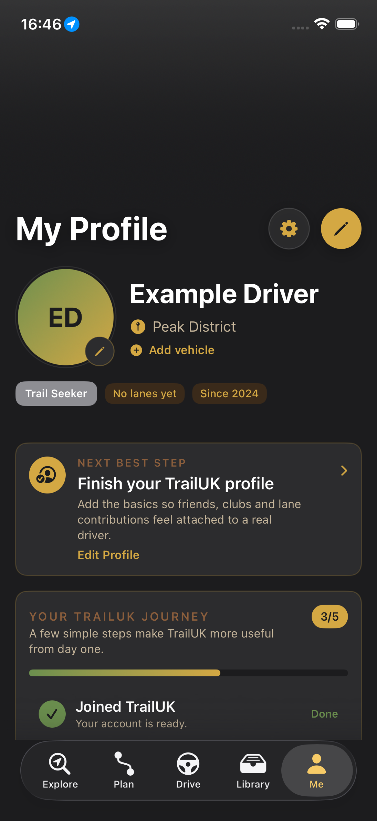 TrailUK Profile screen with a neutral example driver and profile setup guidance